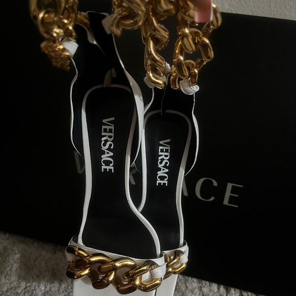Versace White Heels with Gold Chain Detail - Picture 5 of 7